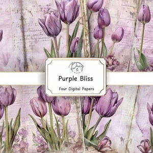 Lila Bliss Junk Journal Seiten, Papiere mit Blumen Muster, Scrapbook und Hintergrundpapier, Frühlingsblumen Thema, Lila Farben
