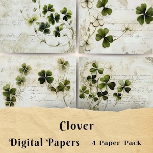 Papel de diario basura con forma de trébol, escritura a mano, trébol, trébol de cuatro hojas, papel para álbum de recortes, estilo de caligrafía, día de San Patricio, festividad irlandesa