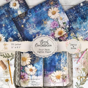 Floral Constellation Junk Journal, thuis afdrukken, Stars in the Night Sky Scrapbooking en achtergrondpapier, bloemenelementen, Darcy en Rose