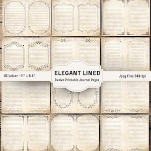 Puede incluir: Doce páginas de diario imprimibles con elegantes diseños rayados. Cada página presenta un borde decorativo, con una estética vintage. Las páginas son de tamaño US Letter, 27,9 cm x 21,6 cm. Se muestra el texto "ELEGANT LINED".