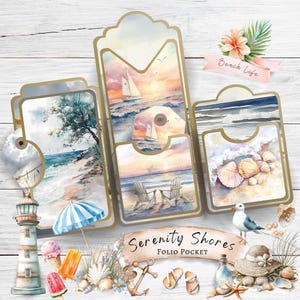 Serenity Shores Beach Junk Journal Folio Pocket, Imprimir em casa, Litoral, Diário de lixo costeiro, Folio triplo, Férias, Diário de lixo de verão