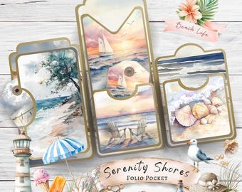 Serenity Shores Junk Journal Folio Pocket: Beach Seaside Theme (Print At Home)