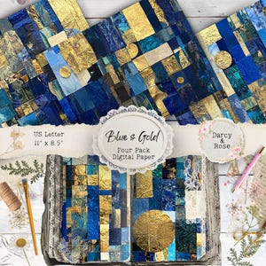 Blue Gold Junk Journal, Print At Home, Blue Gold Scrapbook Paper, Blue Gold Background Paper, Collage Sheet, Blue Gold Leaf, Darcy and Rose