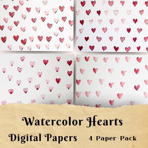 Página de diário de corações aquarela Valentine Junk, papel de scrapbook para impressão de design de coração Valentine, papel de fundo digital, itens efêmeros de Valentine