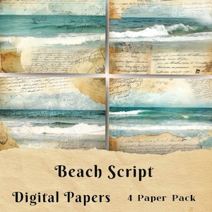 Diario de basura de playa, papel digital, decoupage, papel para álbumes de recortes, tarjetas de felicitación, papel de fondo, olas del océano, escritura a mano, caligrafía