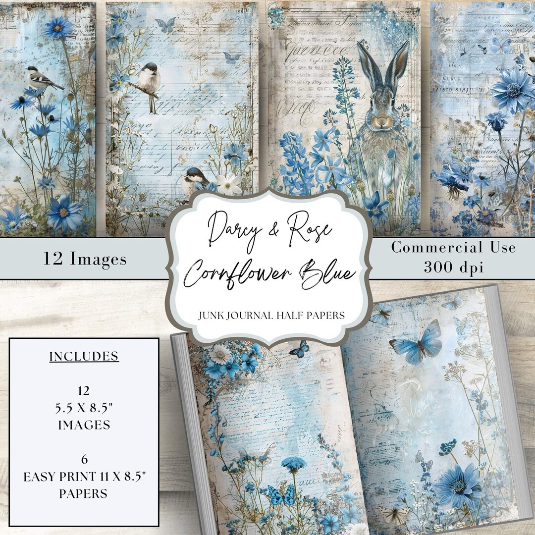 Cornflower Blue Printable Junk Journal Pages, Blue Digital Paper, Blue ...