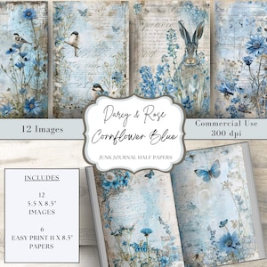 Cornflower Blue Printable Junk Journal Pages, Blue Digital Paper, Blue Printable Scrapbook, Blue Background, Blue Flower Pages, Blue Papers