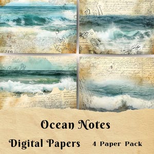Ocean Junk Journal, papel digital, decoupage, papel para álbumes de recortes, tarjetas de felicitación, papel de fondo, olas del mar, escritura a mano, caligrafía