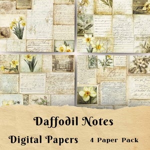 Diario basura con flores de primavera de narcisos, digital, papel para álbum de recortes, tarjeta de felicitación, fondo, collage de papel, notas manuscritas, Pascua