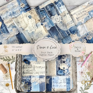 Carnet de voyage en jean et dentelle, impression à la maison, papier de scrapbooking bleu, papier de fond bleu, collage de tissus de couture, fleurs, Darcy et rose