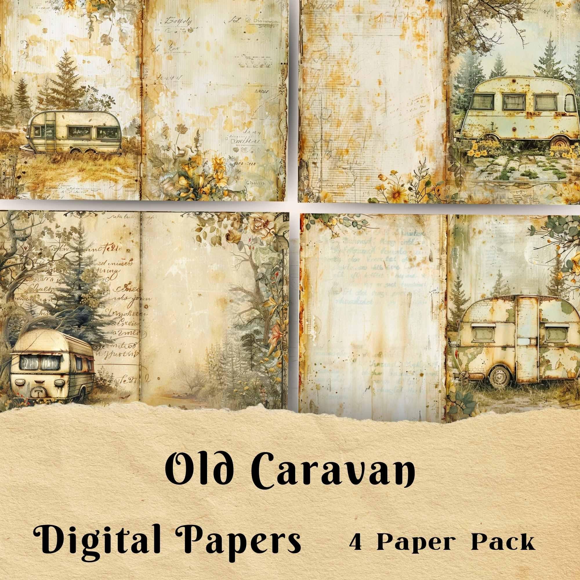 Old Caravan, Junk Journal, Digital Paper, Decoupage, Scrapbook Paper, Greetings Cards, Background Paper, Travel Trailer, Camper Trailer