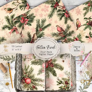 Page de journal indésirable de Noël oiseau festif, impression à la maison, scrapbooking et support oiseau de Noël, impression de papier cadeau rétro, Darcy et rose