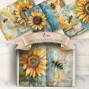 Páginas de diário digital de verão com abelhas e girassóis. Baixe e imprima estas páginas de scrapbook e suporte de verão para seus artesanatos em papel.