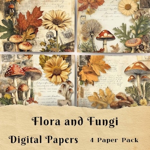 Diario basura de flora y hongos, digital, papel para álbumes de recortes, tarjeta de felicitación, papel de fondo, hongo, seta venenosa, escrito a mano, notas botánicas