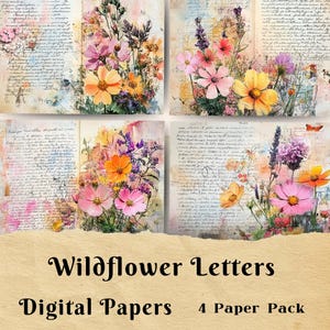Letras de flores silvestres, diario basura con caligrafía artística, cartas escritas a mano, papel para álbumes de recortes, papelería con guiones, páginas de fondo, flores
