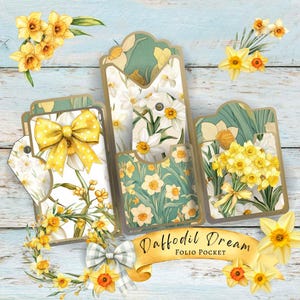 Diario basura con narcisos de Pascua, bolsillo tipo folio, para imprimir en casa, etiquetas, material efímero, recortes elegantes, papel de fondo, primavera, tarjetas de felicitación, regalo para ella