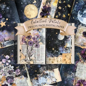 Celestial Petals Printable Junk Journal Pages, Celestial Moon Themed Scrapbooking Paper Supplies, Papel de colagem de mídia mista floral roxo dourado