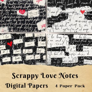 Scrappy Love Notes Page de carnet de la Saint-Valentin, papier de scrapbooking imprimable Saint-Valentin, papier de fond numérique, noir, blanc, rouge, calligraphie