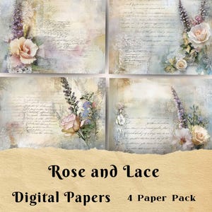 Diario basura con rosas y encajes, papel imprimible, papel para álbumes de recortes, papel de fondo, cartas escritas a mano, hojas de collage, colores neutros, flores