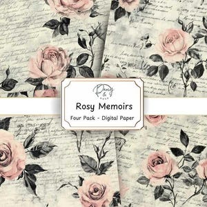 Diario basura Rosy Memoirs, papel imprimible, papel para álbumes de recortes, papel de fondo, cartas escritas a mano antiguas, hojas de collage, colores neutros, flores