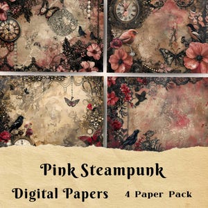 Diario basura Steampunk, papel digital Steampunk, papel para decoupage, diario imprimible, papel para álbumes de recortes, gótico, rosa, efímera Steampunk