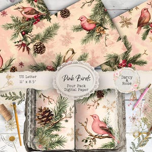 Rosa Vogel Weihnachten Junk Journal Seite, Druck zu Hause, Weihnachtsvogel Scrapbook & Backing, Geschenkpapierdruck, Retro-Stil, Darcy und Rose