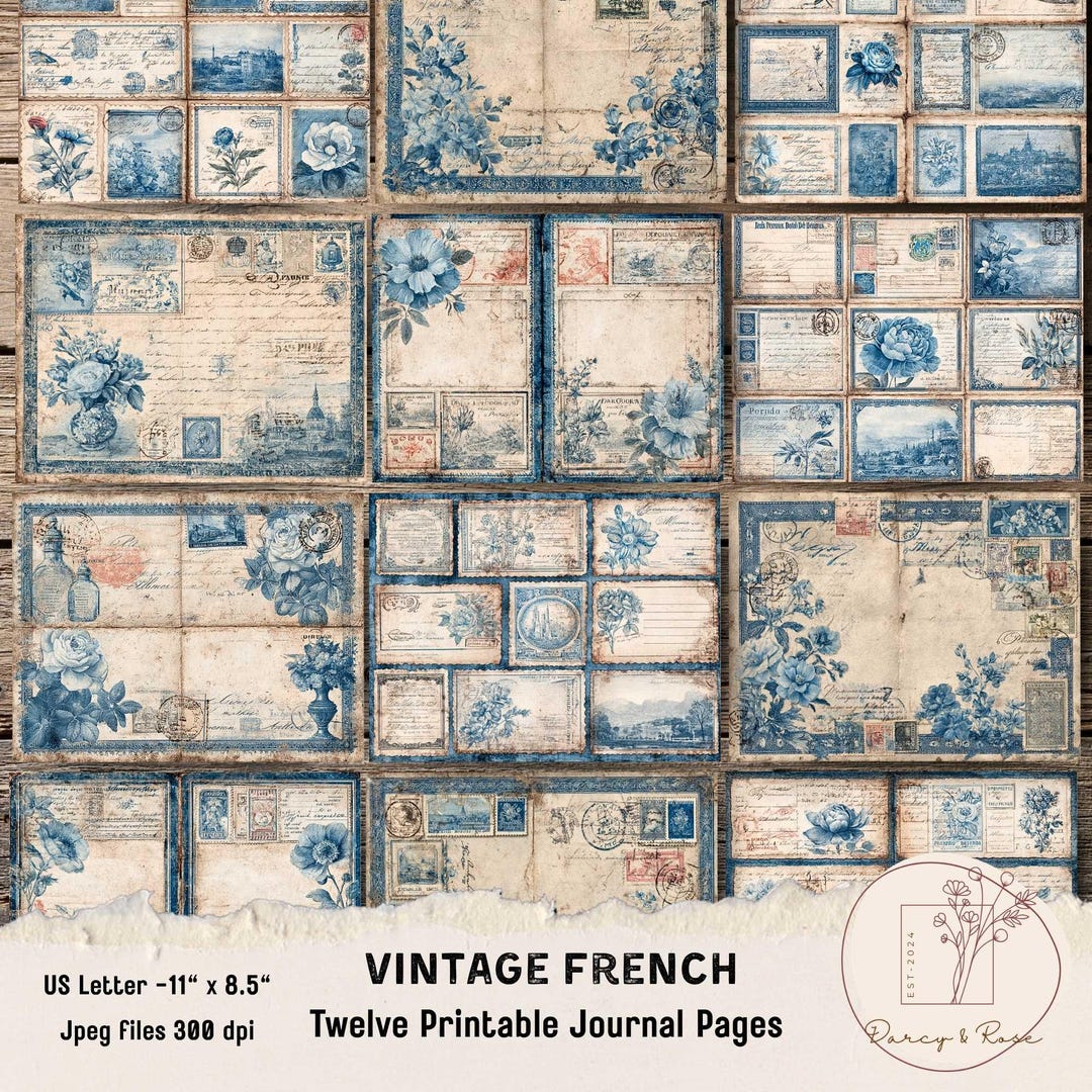 Vintage French Journal Pages: Printable Papers, Blue Chinoiserie ...
