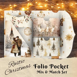 Diário de lixo de Natal rústico para impressão, bolsos de fólio, cartões, etiquetas, itens de Natal, folha de colagem digital, artesanato em papel, álbum de recortes