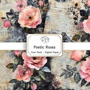 Diario basura de rosas poéticas, papel imprimible, papel para álbumes de recortes, papel de fondo, cartas escritas a la antigua, hojas de collage, flores antiguas