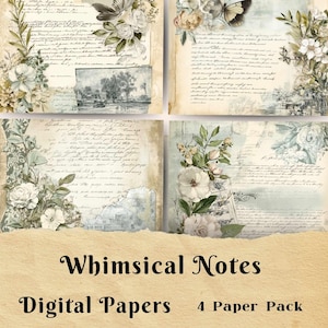 Notas caprichosas, diario basura, papel imprimible, papel para álbumes de recortes, papel de fondo, carta escrita a mano, color neutro, flores, hojas de collage