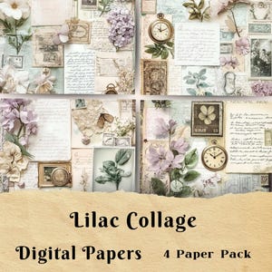 Collage lilas, Journal indésirable, Papier numérique, Lettres manuscrites, Papier de scrapbooking, Cartes de voeux, Papier de fond, Objets botaniques vintage