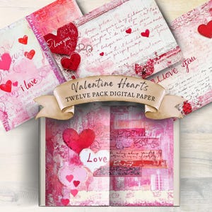 San Valentín, corazones, página de diario basura, impresión de carta de amor, papel digital, papel de álbum de recortes, papel de fondo, notas de amor, papel de San Valentín, amor