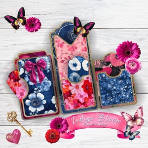 Indigo Bloom, Junk Journal, Folio Pocket, Etichette, Effimere, Abbellimenti, Fussy Cuts, Carta di supporto, Rosa, Blu, Fiore, Farfalla, Colorato