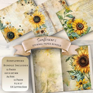 Sunflower Junk Journal, Sunflower Journal Paper Page, Sunflower Printable Digital, Sunflower Scrapbook Supply Background, Bee, Floral,Yellow