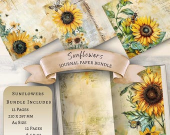 Könnte beinhalten: Ein digitales Papierpaket mit 12 Seiten mit Sonnenblumenmotiven. Die Seiten sind im Vintage-Stil mit einem verwitterten Hintergrund und handschriftlichem Text. Das Paket enthält sowohl US Letter als auch A4-Größen. SUNFLOWERS JOURNAL PAPER BUNDLE.