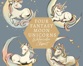 Watercolor Unicorn, Rainbow Unicorn, Unicorn Clipart, Nursery Clipart, Kawaii Unicorn, Fantasy Clipart, Pastel Unicorn, Moon Clipart png