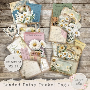 Gänseblümchen-Themen-Junk-Journal-Kit: Taschenanhänger, Bibliothekskarten, Postkarten, florale Ephemera & Fussy Cuts