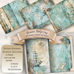 Diário de mapa de Ocean Oddysey, página de diário de mapa de oceano, mapa de oceano para impressão digital, fundo de álbum de recortes de mapa de oceano, navio, vela, náutico