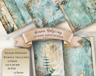 Ocean Oddysey Map Junk Journal, Ocean Map Journal Page, Ocean Map Printable Digital, Ocean Map Scrapbook Background, Ship, Sail, Nautical