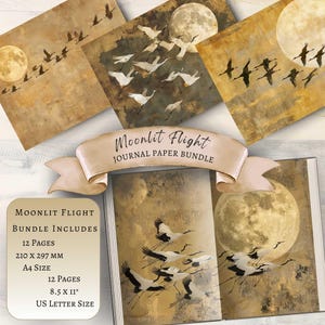 Page de journal indésirable du vol grue au clair de lune : papier de fond imprimable pour scrapbooking numérique pour travaux manuels célestes