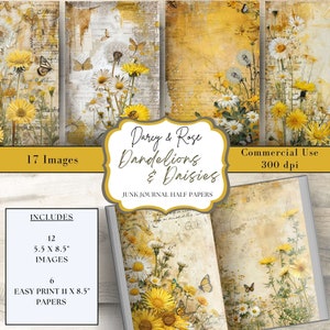 Papel de diário de dentes-de-leão e margaridas, fundo digital Daisy, scrapbooking Daisy, página para impressão Daisy, itens efêmeros Daisy, página de papel Daisy