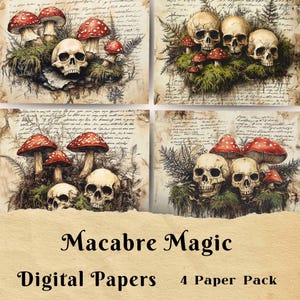 Carnet de voyage esthétique macabre, Numérique, Papier de scrapbooking, Carte de voeux, Papier de fond, Champignon, Champignon vénéneux, Tête de mort, Gothique, Académie sombre