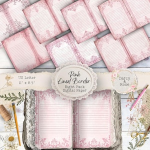 Pagine di diario con bordo a righe rosa, stampa a casa, album a righe e carta di sfondo, carta di supporto a righe rosa, pagine di riempimento per diario spazzatura