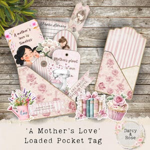 Étiquette de poche chargée amour des mères, kit de journal indésirable pour mère avec éphémères et coupes difficiles, numérique, fête des mères, anniversaire, étiquettes cadeaux imprimables