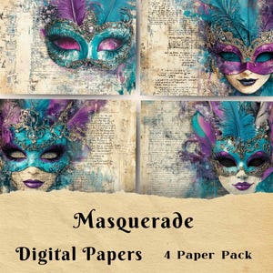 Pagine di diario di spazzatura con maschera di carnevale, stampabili in digitale, carnevale, carta per scrapbooking, carta di sfondo, collage, biglietti di auguri, martedì grasso