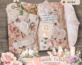 Faith Folio: Junk Journal Folio, Christian Ephemera, Religious, Pink Floral