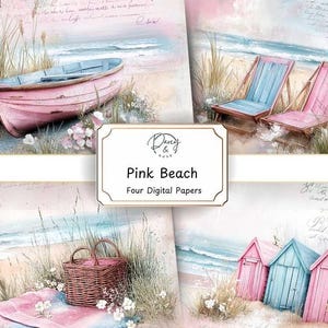 Pink Beach Junk Journal, Strand Szene, bedruckbares Papier, Scrapbook Papier, Hintergrundpapier, Regenbogen, Liegestuhl, Rosa Blau, Strandhütten