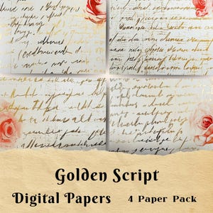 Escritura en tinta dorada, papel de diario basura con caligrafía artística, carta escrita a mano, papel para álbumes de recortes, papelería con guión, papel de fondo para bodas