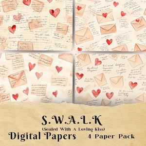 S.W.A.L.K, páginas de diario basura, impresión de cartas de amor, imprimible, papel de álbum de recortes, páginas de fondo, notas de amor, romance de San Valentín, sobre, corazón