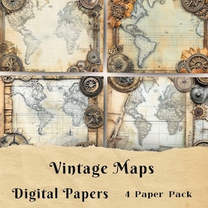 Maps Junk Journal, Digital, Scrapbook Papier, Grußkarten, Hintergrund, Papiercollage, Kartographie, Vintage Zahnräder, Script, Reise, Für Männer